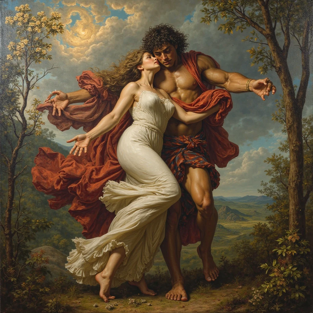 full body, full leg, naked, a man kitnap and hug a woman, painted of rugged zeus and queen hera, god of thunder, female greek god, white hair, masculine, mature, handsome, muscular, hairy torso, fantasy, intricate, elegant, highly detailed, digital painting, artstation, concept art, smooth, sharp focus, illustration, art by gaston bussiere and alphonse mucha, almost naked