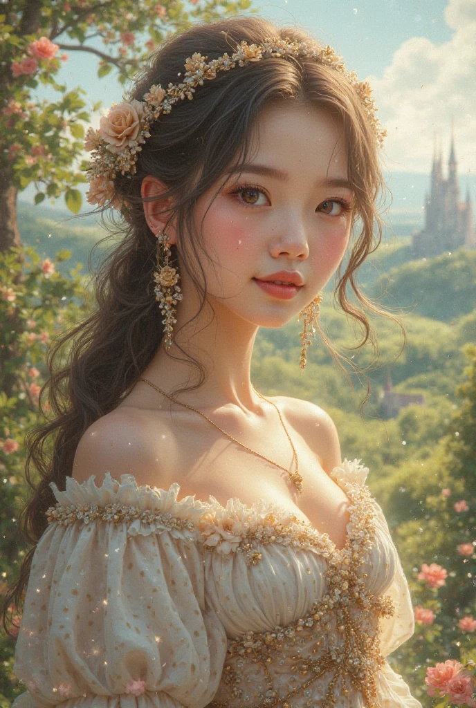 A woman holding an apple stands on top of a hill、Gothic Dress、青空と雲1 person, Highest quality, masterpiece, Ultra-high resolution, (Realistic:1.4), RAW Photos, 1 person, Cinema Lighting,((Highest quality、masterpiece、8k、Best image quality、Ultra-high resolution、Award-winning works)、(Accurate anatomy:1.1)、Highly detailed face、Attention to detail、double eyelid、Sharp focus:1.2、Beautiful woman:1.4、Highest quality、masterpiece、Ultra-high resolution、(Realistic:1.4)、Highly detailed and professionally lit smiles、Serious expression、Two Arms, Complete Hそして, Beautiful body, Beautiful fingers, Normal finger, Five Fingers, Five Fingers, (Thumb Index Finger Ring Finger), Beautiful ears、 Normal ear, Beautiful Eyes, Shining Eyes, Beautiful mouth, Beautiful Lips,