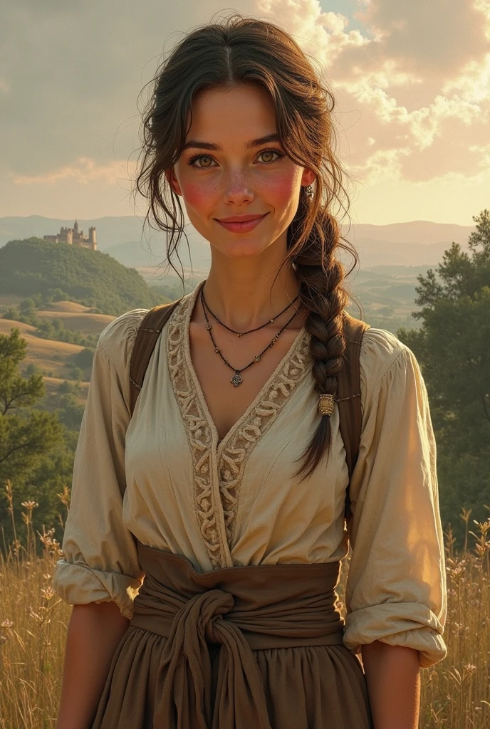 Jeune femme italienne, tanned skin, corps parfait, yeux verts, paysanne, medieval, champs, cottage, American shot, photorealistic, uhd