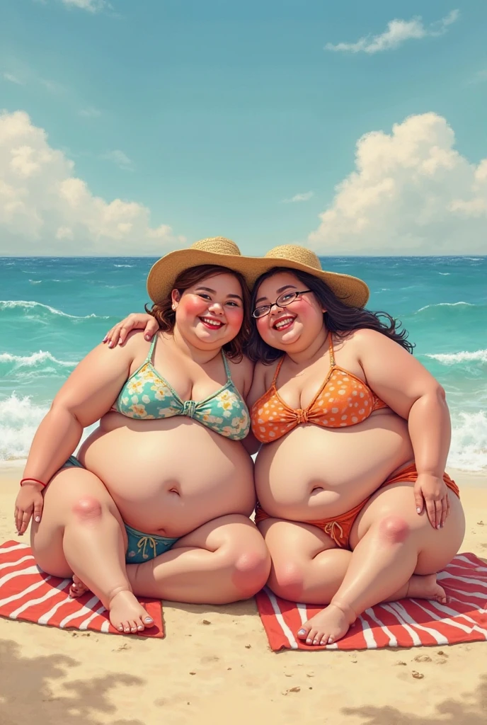 Two extremely fat women on the beach in bikinis eating greasy food