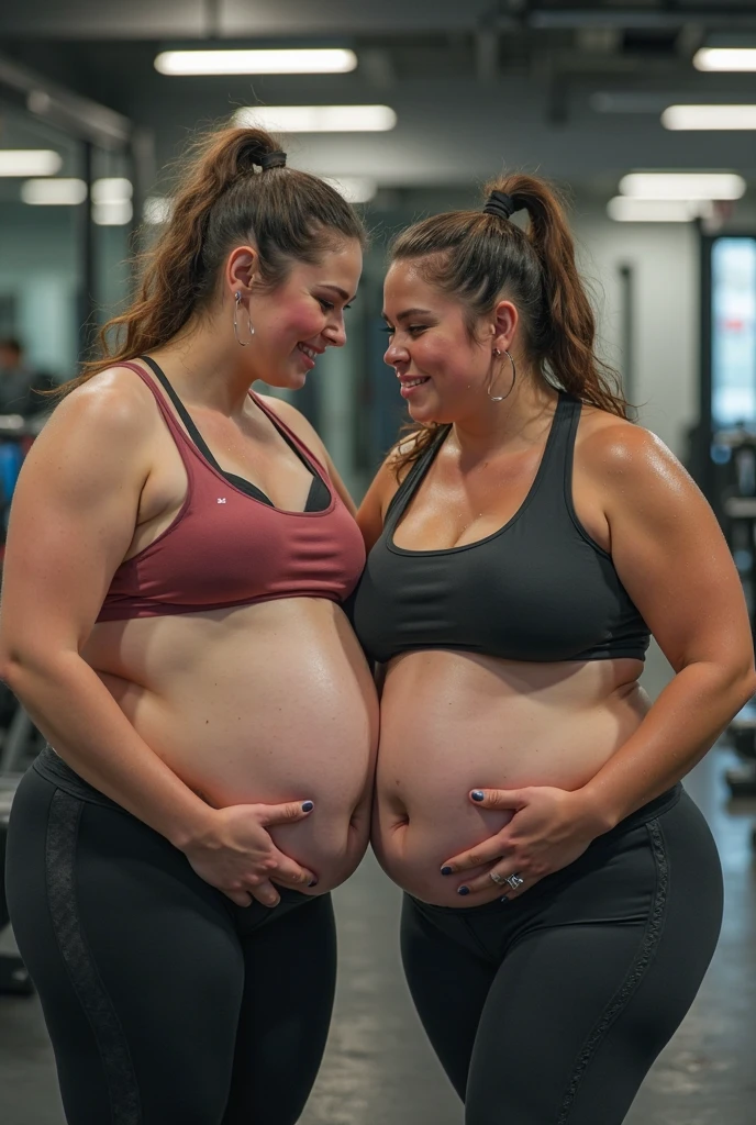 (Full body, glasses, detailed), An image of two pregnant girls holding hands, they're wearing a gym uniform. One is kindly smiling and the other one is blushed