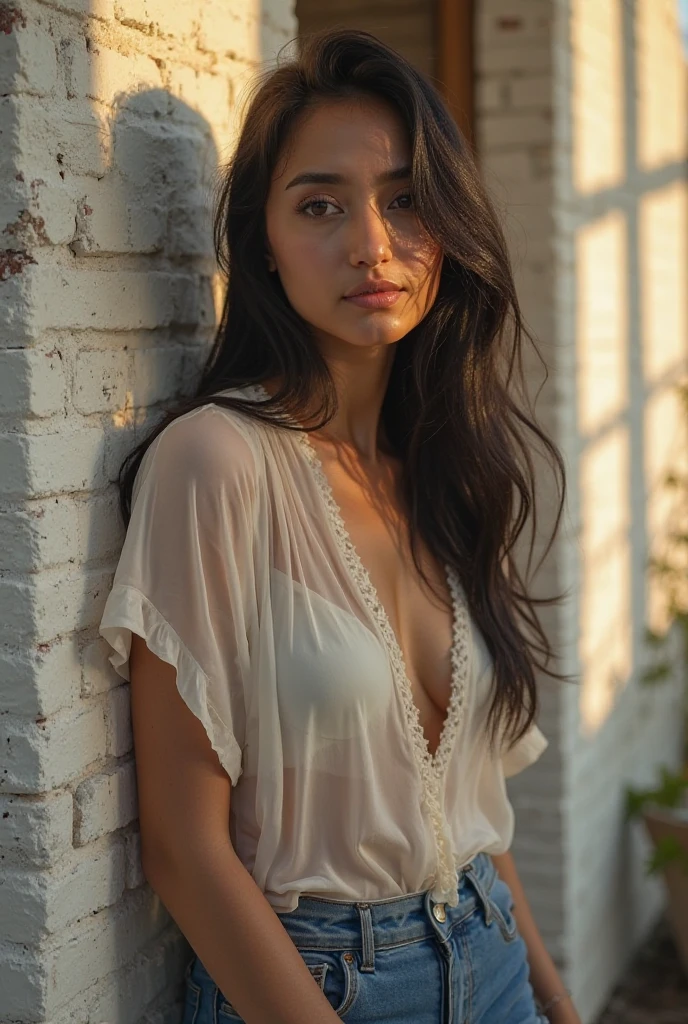 A photorealistic of a 21-year-old mexican girl sexy with long, flowing dark hair and striking dark eyes. She should have a natural, approachable expression and be illuminated by soft, The background should be a scenic outdoor setting, home. Capture this image with a high-resolution photograph using an 85mm lens for a flattering perspective.