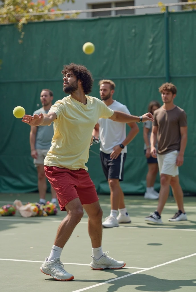 There are 4 tennis players, we have to be 4 players in the photo. And the oldest players are Bernard, he's French, he has white hair, he's very old and there's Ramses, he's Egyptian and he's the strongest and most handsome he has. blond hair and it's curly he is young he is 23 years old. He has to be the prettiest of all 4. And the other is Julio, he's a Portuguese and the last one is Mourad, his Moroccan. and Julio and we are 30 years old