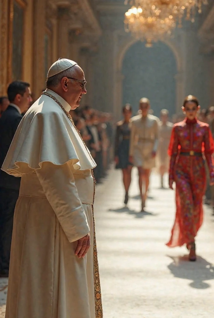 "A 4K ultra-realistic cinematic scene featuring Hedy Lamarr and the Pope standing together inside the lavish halls of the Vatican. Hedy Lamarr is glamorous, wearing a luxurious gown, her smile full of charm and confidence. The Pope, in contrast, looks displeased, his expression stern as he stands beside her. The lighting is warm and highlights the richness of the surroundings and the contrast in their expressions. This photorealistic image is rendered with high detail, emphasizing textures, lighting, and the subtle emotions captured in their faces."