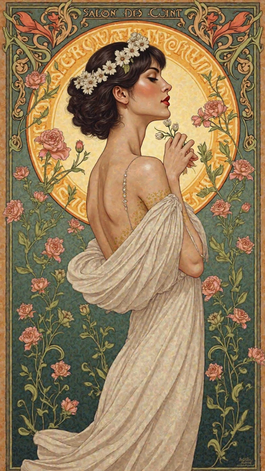 (Loish:1), (Leyendecker:1.3), (James Gilleard:0.7), (Alphonse Mucha:1.1), (Gustav Klimt:0.2), a red headed woman, ethereal, athletic body, pastel colours, mysterious, texture, details, intricate, realistic, flowers, (full body shot:1.3), simple elegant dress, divine, peonies, poppy, cosmic, poetic