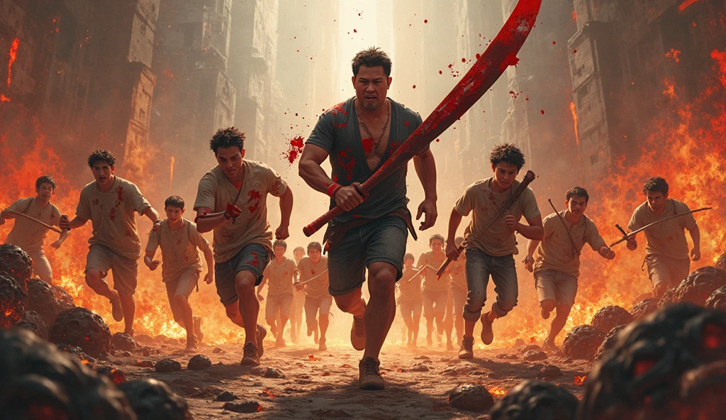 ultra reality, bearded man, short hair, a man standing on a pile of dead humans, holding knives in both hands, bloody hands, injured, some bruises, fighting, in the city, cinematic lighting