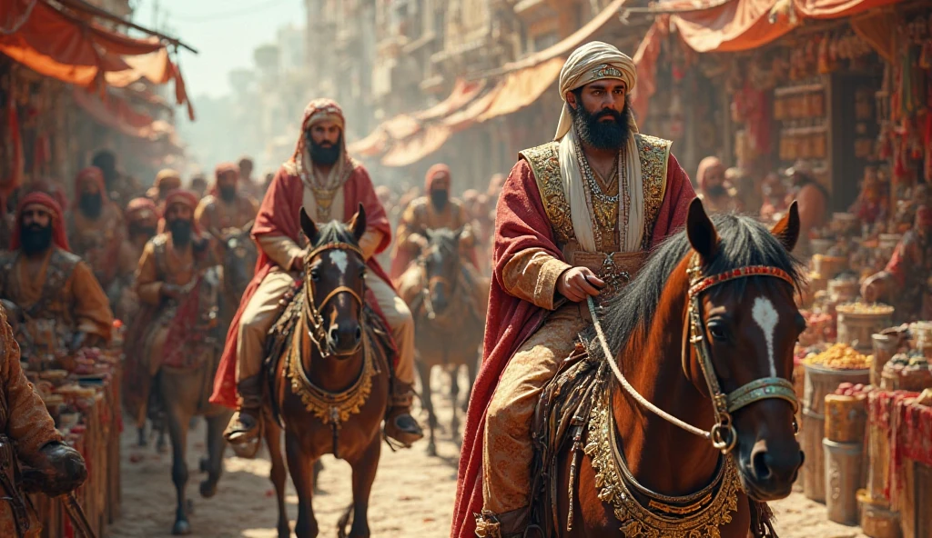 Creates image of a middle-aged Persian king with white beard riding a royal horse in royal robes in front of the horse a Persian general standing add in the background the market with spices and Persian carpet