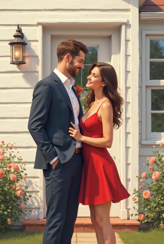 Guy and girl in the park, Girl in a red dress, man in a blue classic suit, Green Trees, blossoming apple tree