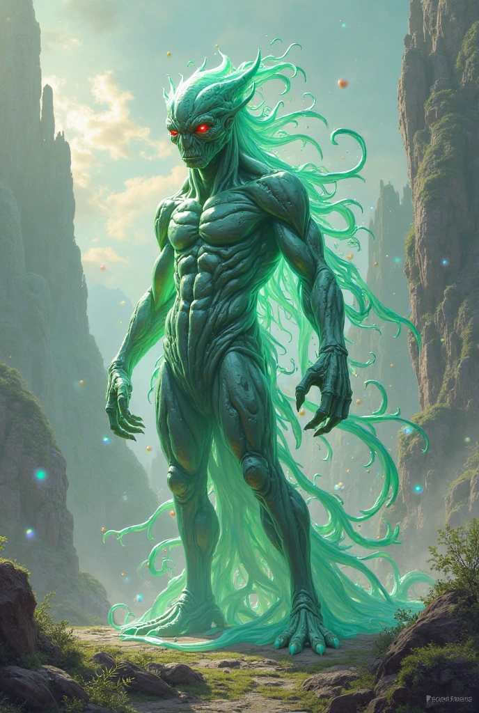 "Create something highly detailed, Best Quality, A high-resolution masterpiece depicting a non-humanoid Umbral Elemental that radiates green energy......" Perfect Shadow, High-quality shading, Photorealistic,
