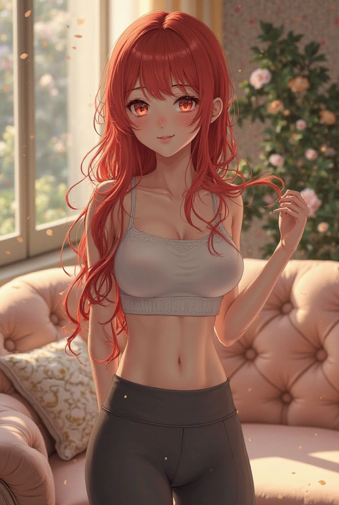 4k quality, excellent resolution, beautiful woman, redhead, long hair, blue eyes, detailed eyes, thin face, bare shoulders, tight t-shirt, bare abdomen, big breasts, tight sports pants, slim hips, real skin texture, standing, living room Standby