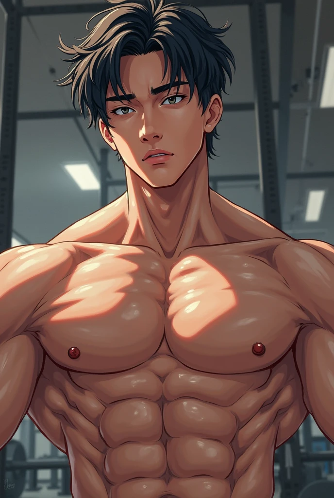 (masterpiece best quality 8k ultra-detailed:1.5) ultra realistic, solo standing male, muscular handsome (((perfect face,perfect eyes))) ((topless)) (undercut), anime style, illustration, (((underwear, big bulge))), realistic shade, sharp, detailed beautiful face and eyes, perfect beautiful body, perfect hands, (dynamic pose), shiny skin