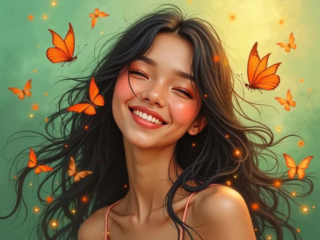 A vibrant, fantasy-style portrait of a young woman with long, flowing dark hair set against a soft, dreamy green background. She is smiling radiantly, showcasing a warm, luminous complexion. Delicate orange butterflies flutter around her hair, creating a whimsical and magical atmosphere. The color palette emphasizes warm oranges and cool greens, with a painterly, luminous quality that conveys joy and enchantment.