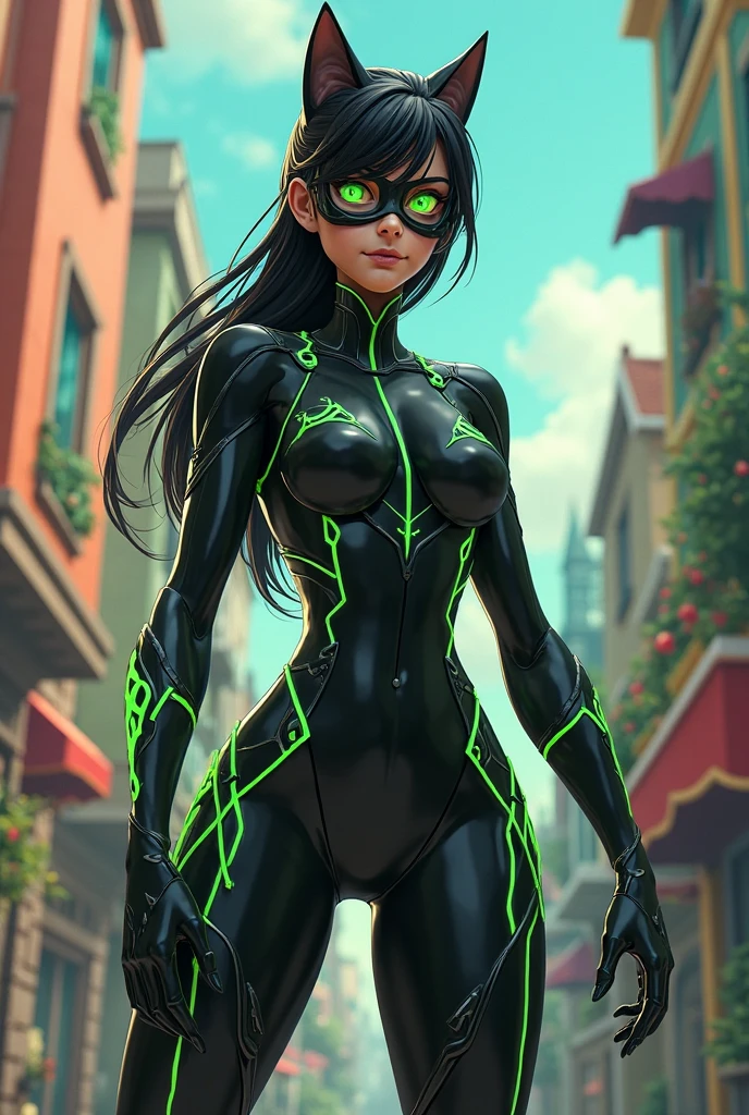 A female gothic Spiderman OC with black-blonde skunk hair and dark green eyes, anime style