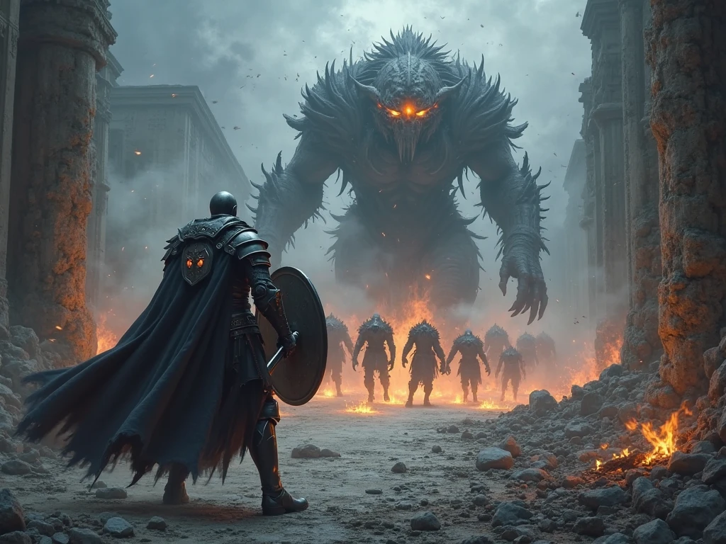 Epic dark fantasy battle scene. A legendary knight, seen from behind ...