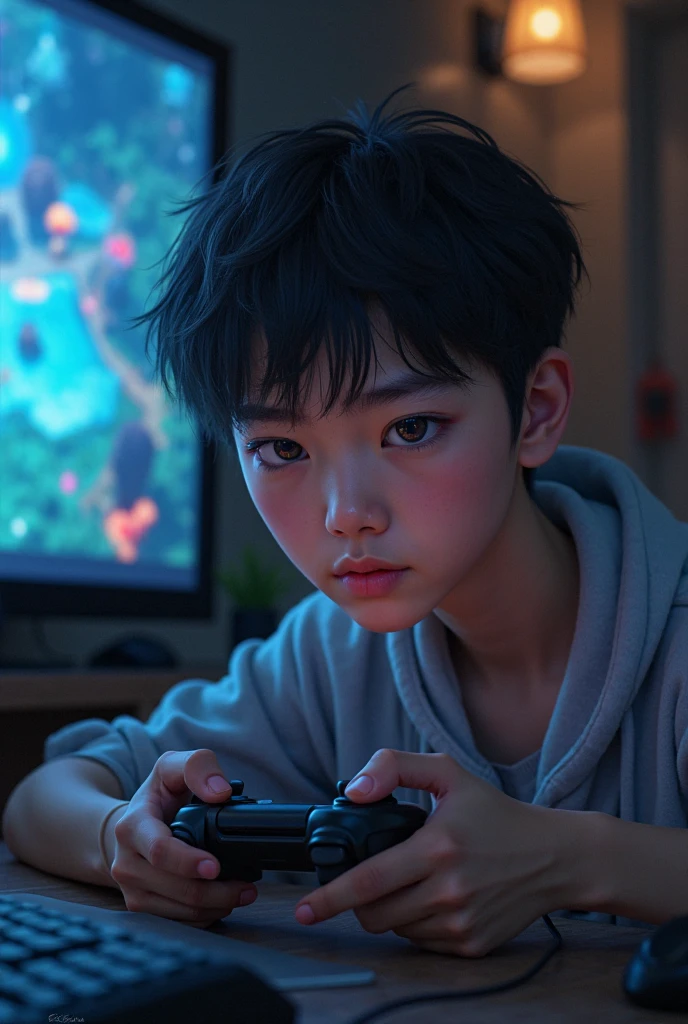 Small dark-haired man with short hair with a cigarette in his mouth and a Playstation 5 controller upside down in his hand with the charging cable connected, next to it are cola and chips and a tattoo on his chest with the word Bröckel