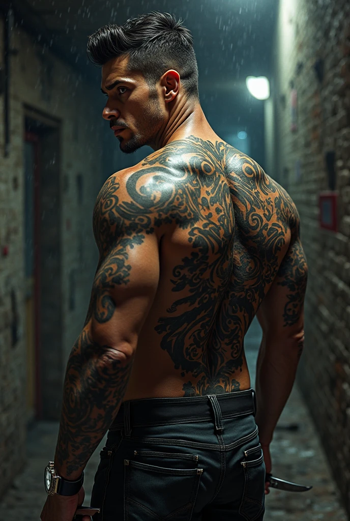 Strong mafia man with tattooed back and attractive 