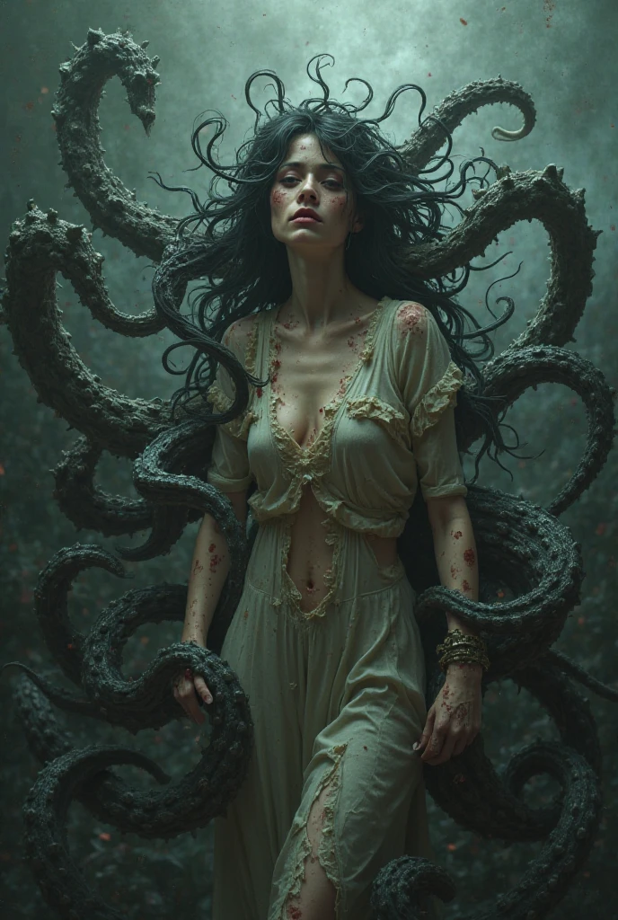 A woman is tied up with tentacles