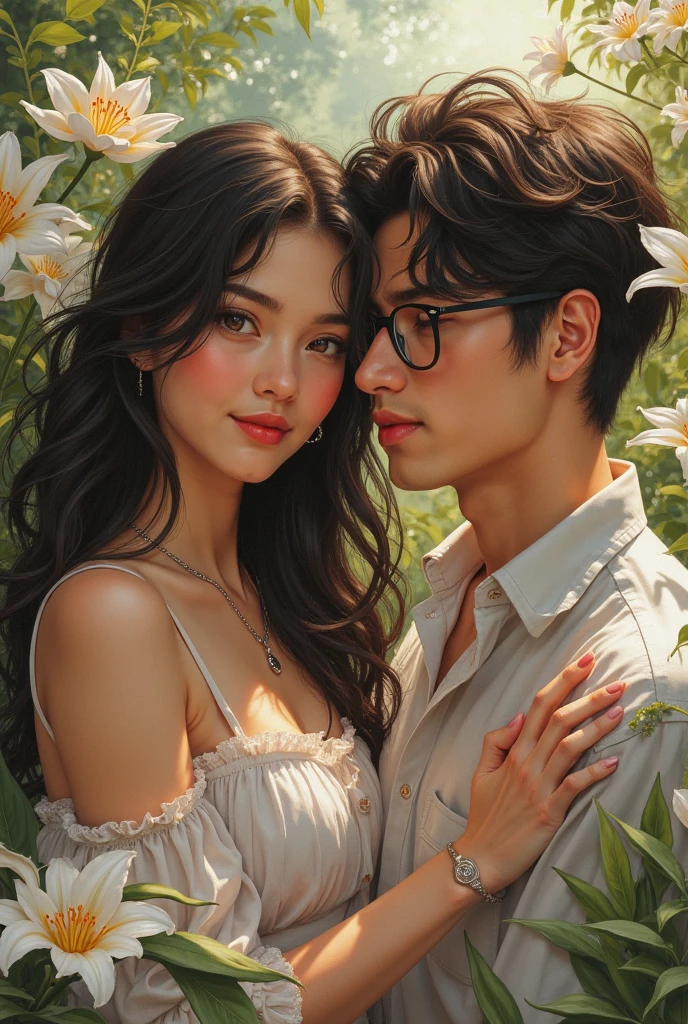 there are two people standing in a garden with orange flowers, 7 0 mm portrait, 60mm portrait, korean artist, portrait of two people, couple portrait, portrait shot 8 k, portrait shot, mid shot portrait, ruan jia and brom, gunwoo kim and j.dickenson, couples portrait, 50mm portrait, close - up portrait shot