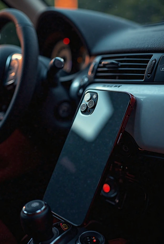 The back of iphone 12 pro max inside a new fiat 500 with black and white dashboard at nighte