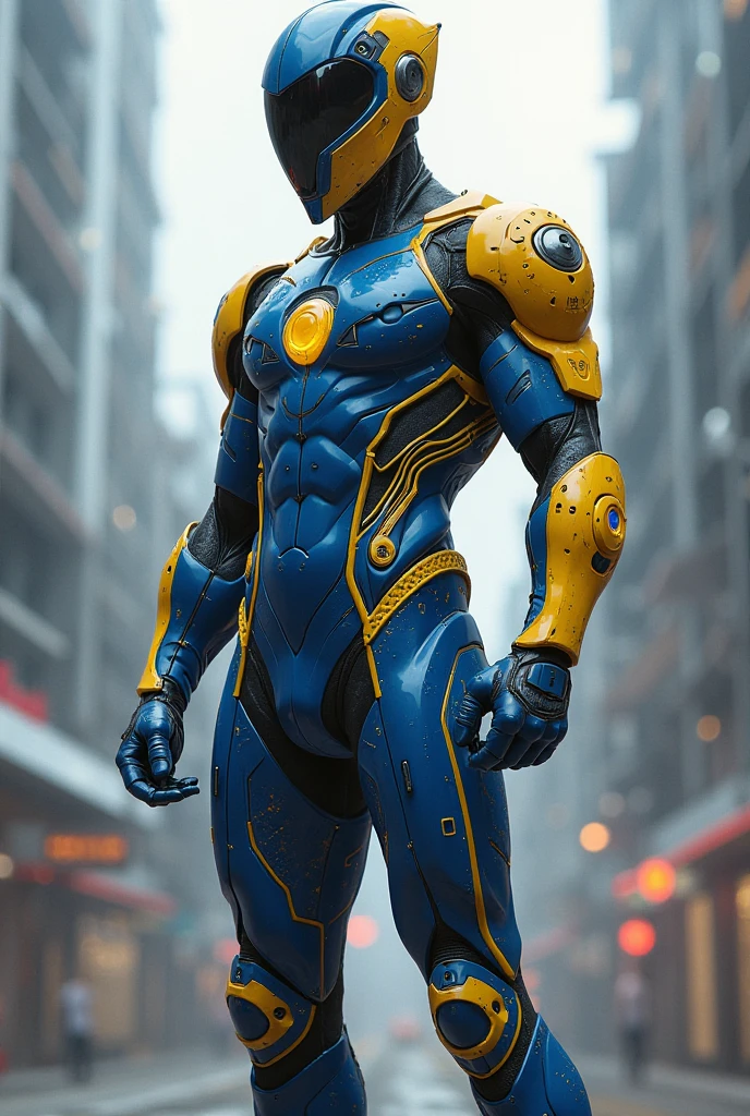  Full body photorealistic handsome hunky masculine Legion red haired Lightning Lad,,unreal engine, extremely attractive male wearing navy blue  and yellow scales transparent mesh bodysuit, with belt and gloves and ,,,extremely masculine physique, intricately detailed metal body armour, super bulge, realistic skin, in action, Future city as background