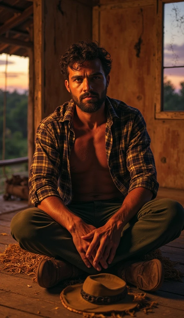 Rustic wooden house in the Brazilian Pantanal, orange and purple dusk, light through a cracked glass window, worn wooden walls, dirt floor with woven straw mat, 28-year-old Brazilian man in a Pantanal cowboy style, scruffy beard, sexy angular face buried in hands, tight faded plaid shirt open over a bronzed chest, dusty boots, leather hat beside him, flickering kerosene lamp, sensual dancing shadows, shallow depth of field, calloused hands and sweaty forehead, warm tones with earthy brown, tilted close-up, Kleber Mendonça Filho style with Walter Salles sensuality, longing and melancholy Artificial lighting, cold colors, urban setting, sharp background, modern clothes, ordinary appearance 