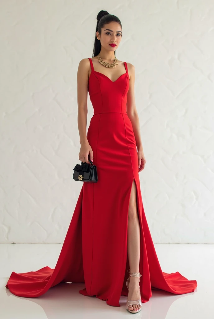 Beautiful Chinese woman, 23 years old, with bangs; courageous character, Kind, attractive; long dress, elegant red dress, deep cut, high slits, bare legs, Thin straps, fitted waist, confident pose; Chinese Hairstyle, hair bun, Chinese heels with crystal flowers; light makeup; elegantly standing, (masterpiece, accuracy, Shine, 8 K)