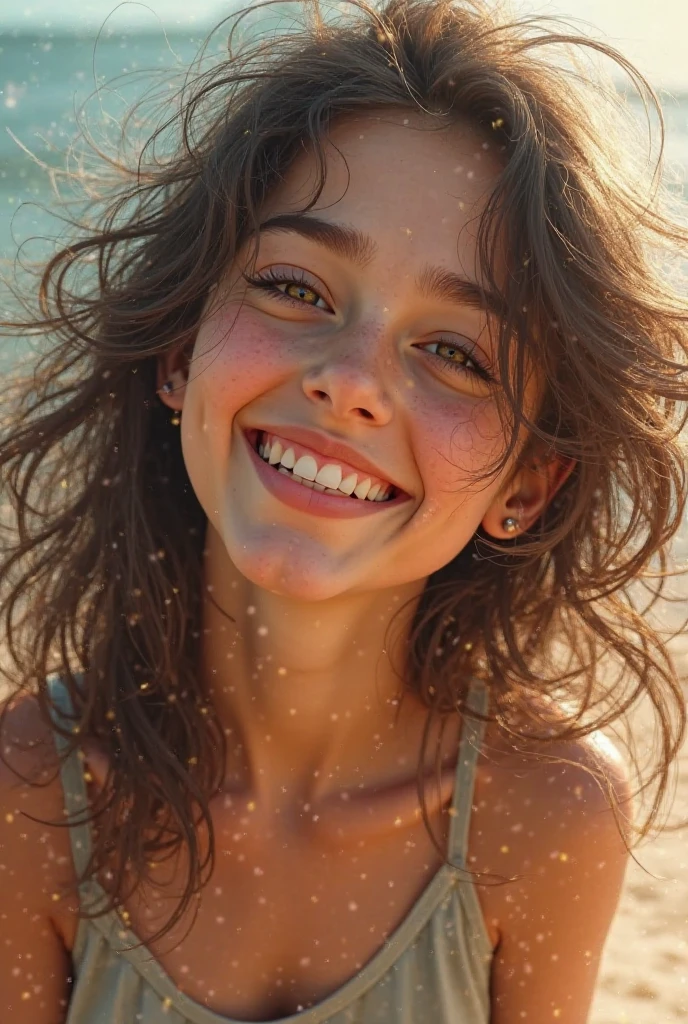 The girl&#39;s hair is completely loose, curls fluttering in the wind