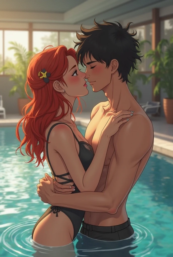 A woman with long red hair, blue eyes, and red lipstick poses in the water with a man with short red hair and blue eyes, a shaved beard, and sunglasses in the background of a water park. During the day, his face was so perfect. The details are clear. Up to 8K resolution, perfect details, perfect face.