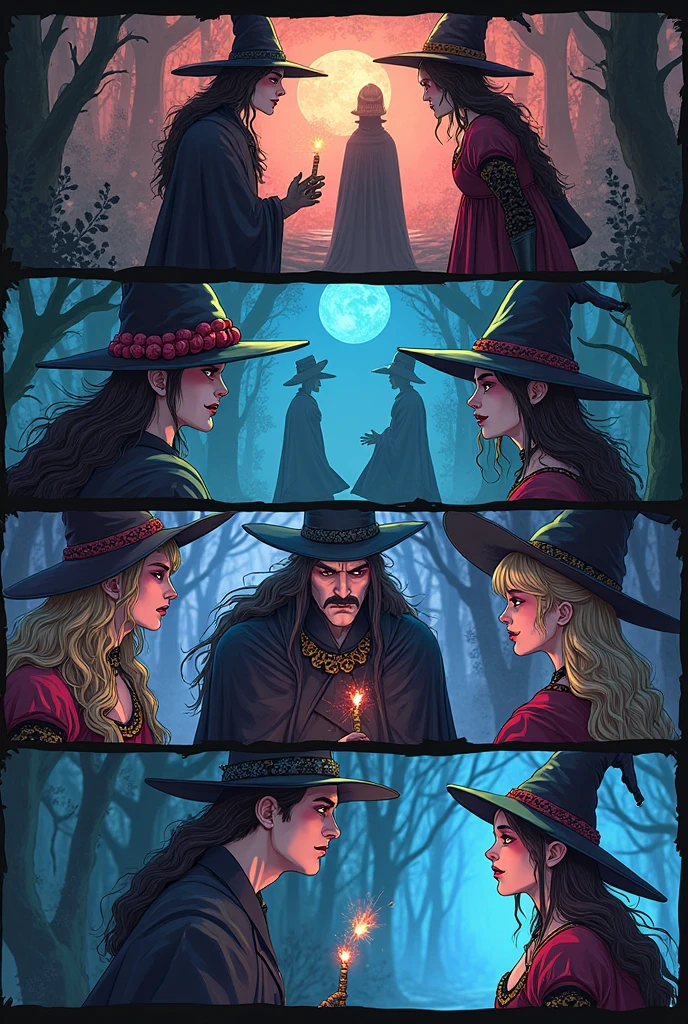 A before and after image. In the before panel, a witch is waving her wand with a rainbow aura at a man dressed in normal clothing. In the after panel, he has transformed into a sexy naked woman. She has a (shocked expression:1.3) the witch is smirking.