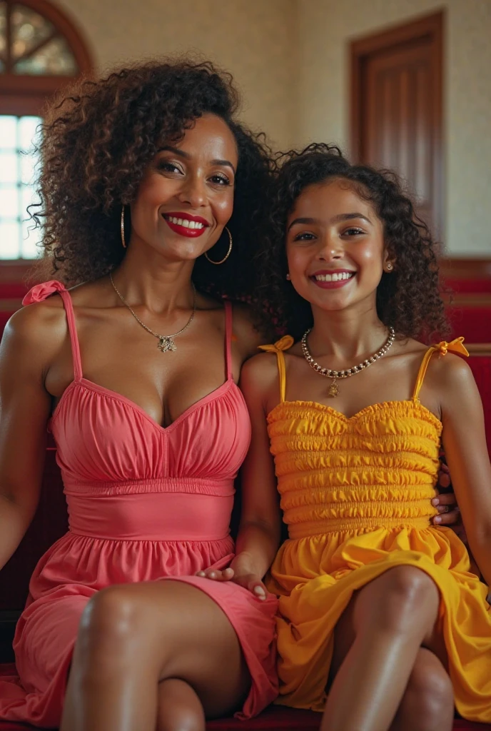 Mother and 11-year-old daughter of African descent, mother and 11 year old daughter, menina de 11 anos, Com pele negra, mother and curly-haired daughter playing in a luxurious kitchen, The kitchen is all white with red details and accessories....., as duas usam um avental vermelho sobre a roupa branca e fazem um delicioso bolo de morango com chantily. The mother seems more mature, 40-year-old mother, filhas com 9 anos de idade e 11 anos de idade