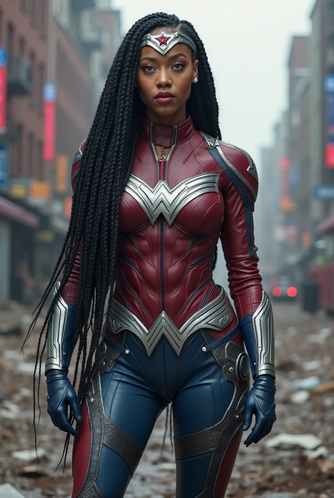 A beautiful black-skinned woman with black Afro Dreadlocks hair under the mantle of the Amazonian warrior Wonder Woman black leather jacket suit and red corset and black leather pants long red boots to the knees Diaema Wonder Woman on her forehead