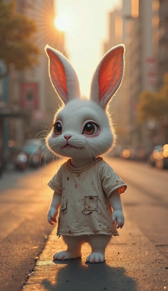 A highly detailed, ultra-realistic 4K digital painting of a small poor white rabbit walking alone on a city street, wearing a tattered and  white shirt with visible holes and stains. A  T-shirt torn in many places, The rabbit has a heartbreaking expression, with huge tears streaming down its face, conveying deep sadness and despair. Its posture should be slightly slouched, and its ears tilted downward, emphasizing a sense of sorrow and loneliness. The background should clearly match the reference image, depicting an urban street setting with a warm, golden sunset casting long clears. The depth of field should be slightly blurred to create a realistic focus on the rabbit while maintaining the integrity of the environment. Fine details in the rabbit’s fur, the texture of its damaged shirt, the realistic flow of its tears, and the lighting reflections on the pavement are crucial to achieving a photorealistic effect. The scene should evoke strong emotions and tell a touching, melancholic story. chin willbe v shaved.