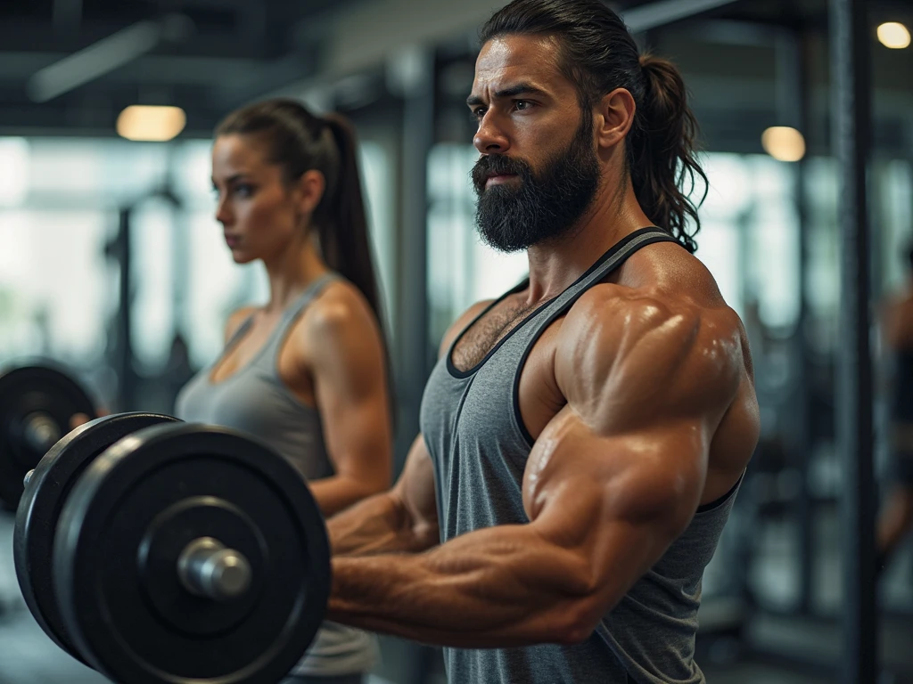Make a picture of a strong guy named Leo, at the gym with a woman by his side