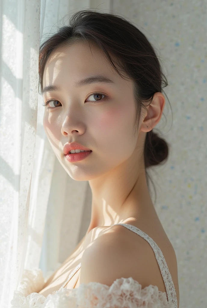 (photorealistic:1.5), artistic composition, professional studio photography of a Korean star 23-year-old woman posing naturally and spontaneously, lively gaze, oval face, high cheekbones, straight nose, clear rounded eyes, (full lips:1.2), delicate chin, natural hair, highly detailed skin, natural skin texture, pale skin, professional dramatic lighting