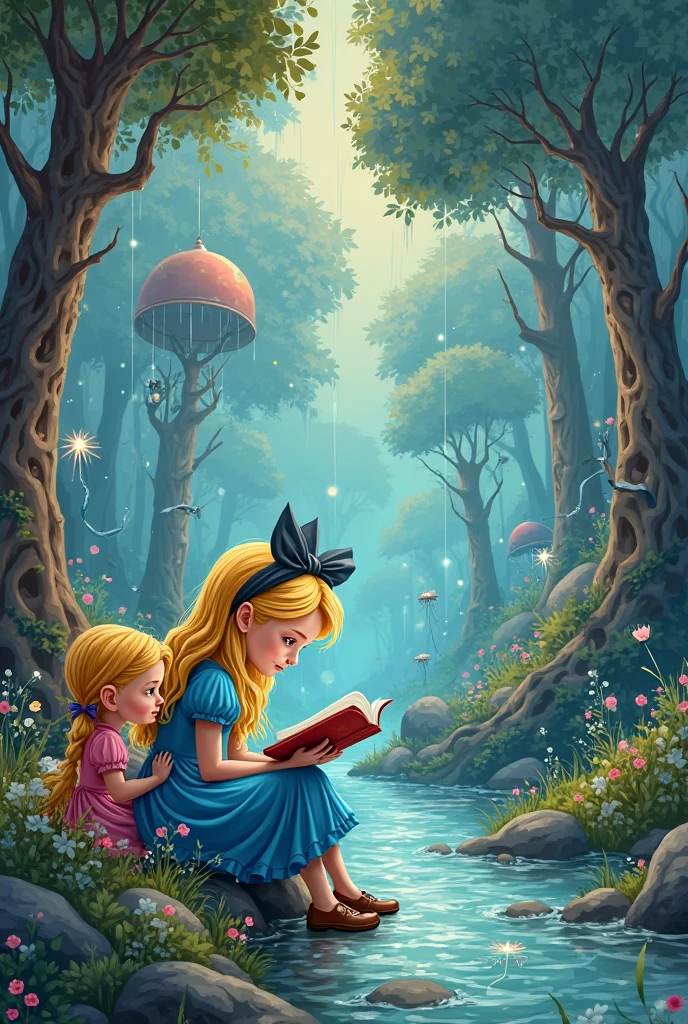 Alice sat on the riverbank with her sister and looked into a book, high detail, fairy tale, Alice in Wonderland,