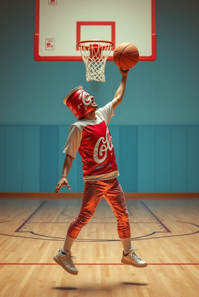 person with a costume in the shape of a soda can sticking the basketball into the hoop