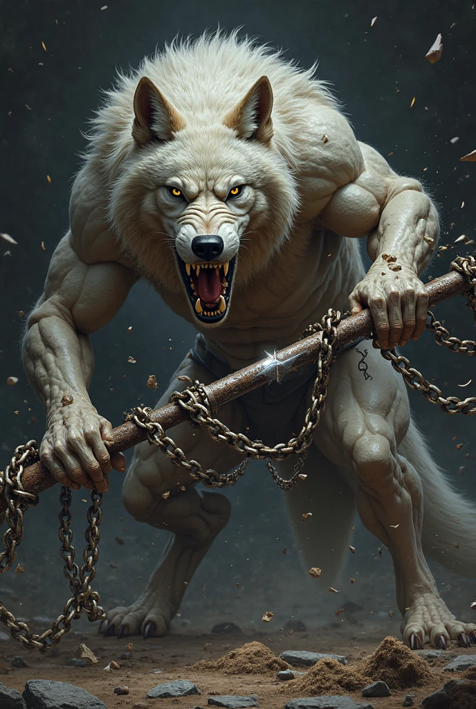 (a white werewolf,tall and muscular, with blue eyes, wearing very ugly loincloths) ,(background: a rainy evening, only the white werewolf kneeling in chains, with its hands and legs tied, behind it a lizard ???????? its back with a brown whip, the white werewolf with a suffering expression on its face, with drops of blood on its fur) ,(best quality,4k,8k,highres,masterpiece:1.2), ultra-detailed, (realistic,photorealistic,photo-realistic:1.37), dark fantasy, horror, intense colors, dramatic lighting.