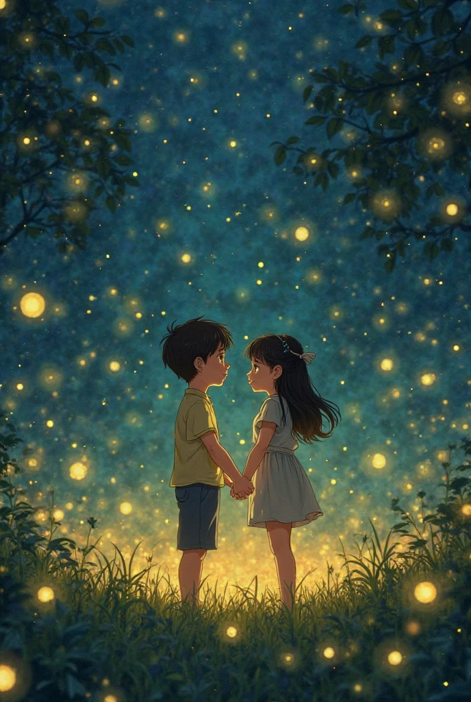 Boy and girl looking at each other watching fire flies at night in a dark forest boy is wearing blue T shirt black full pants and the girl is wearing short white sleeveless jumpsuit 
