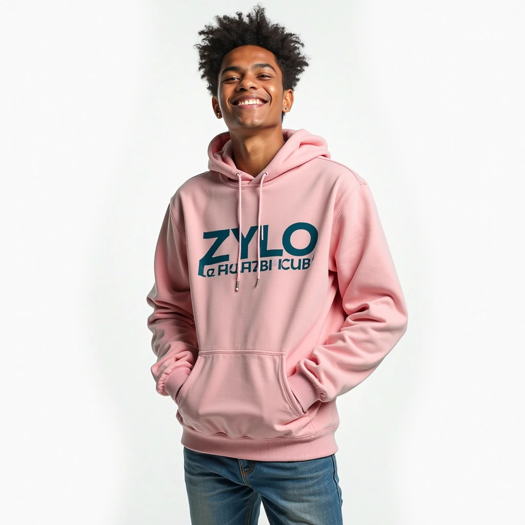 a clothing brand called Zylo Clothing, logo, cheerful young person, posing in casual clothes,  smiley expression , detailed details of the face,  Whole body, white background, natural light, quality 4k, photography, ultra detailed, realistic, Bright colors, cheerful color palette