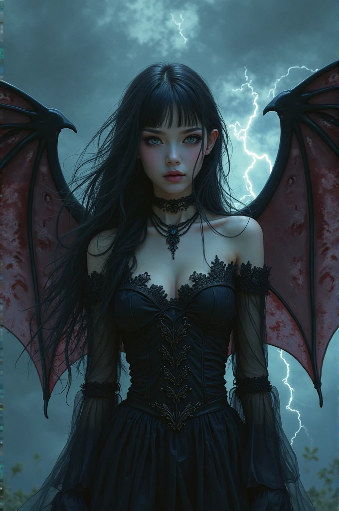 draw a girl with black long hair, with black horns, dark green eyes, with short straight bangs and a black short dress, with a tail like the devil and the wings of a bat, a cross necklace around the neck. bottom rear view