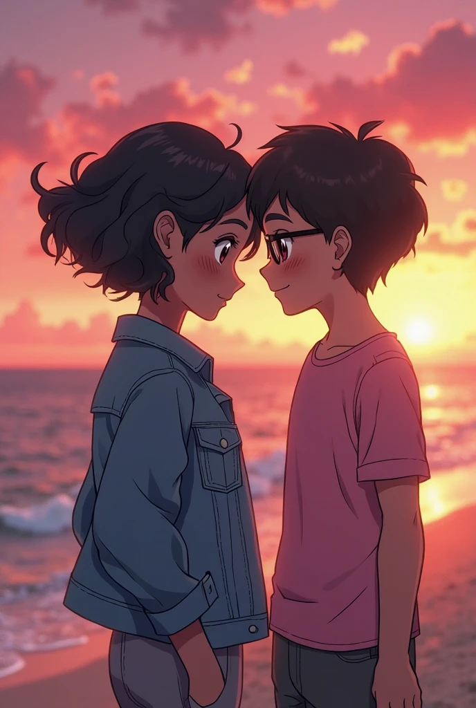 1 girl,wano style, smile tenderly, nicorobin, long straight loose hair, with glasses, look at the viewer, pink blouse with neckline, Upper part of the body, hugging 1 boy, wano style, Monkey D Luffy, very curly hair, short hair, look at the viewer, smile tenderly, Brown eyes, Upper part of the body, light blue shirt, hugging the girl, ((masterpiece)), (Best Quality), (extremely detailed), depth of field, Sketch, Intensive dark shadows, Sharp focus quality, HdR, showy, Good composition, spectacular, anime screenshots, depth of field, pirate ship bottom, sunset at sea.