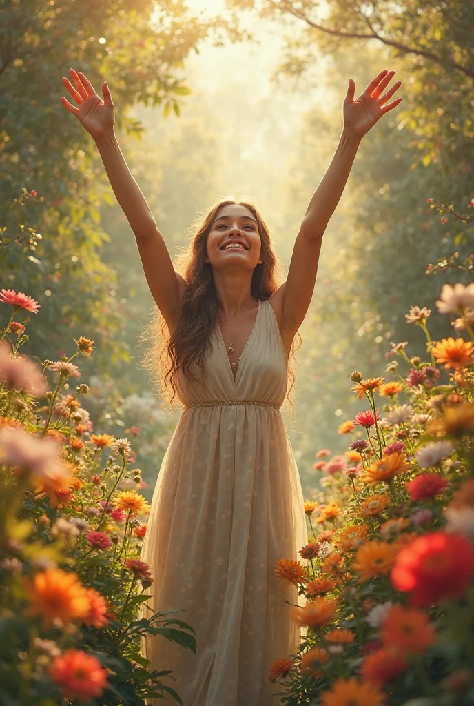 Visualize a joyful woman standing in a meadow filled with blooming flowers, her face lifted towards the sky, arms raised in praise. She is dressed in a flowing, radiant robe that glows with a divine light, symbolizing the garments of salvation. A soft, golden light surrounds her, emphasizing her delight and rejoicing in the Lord.