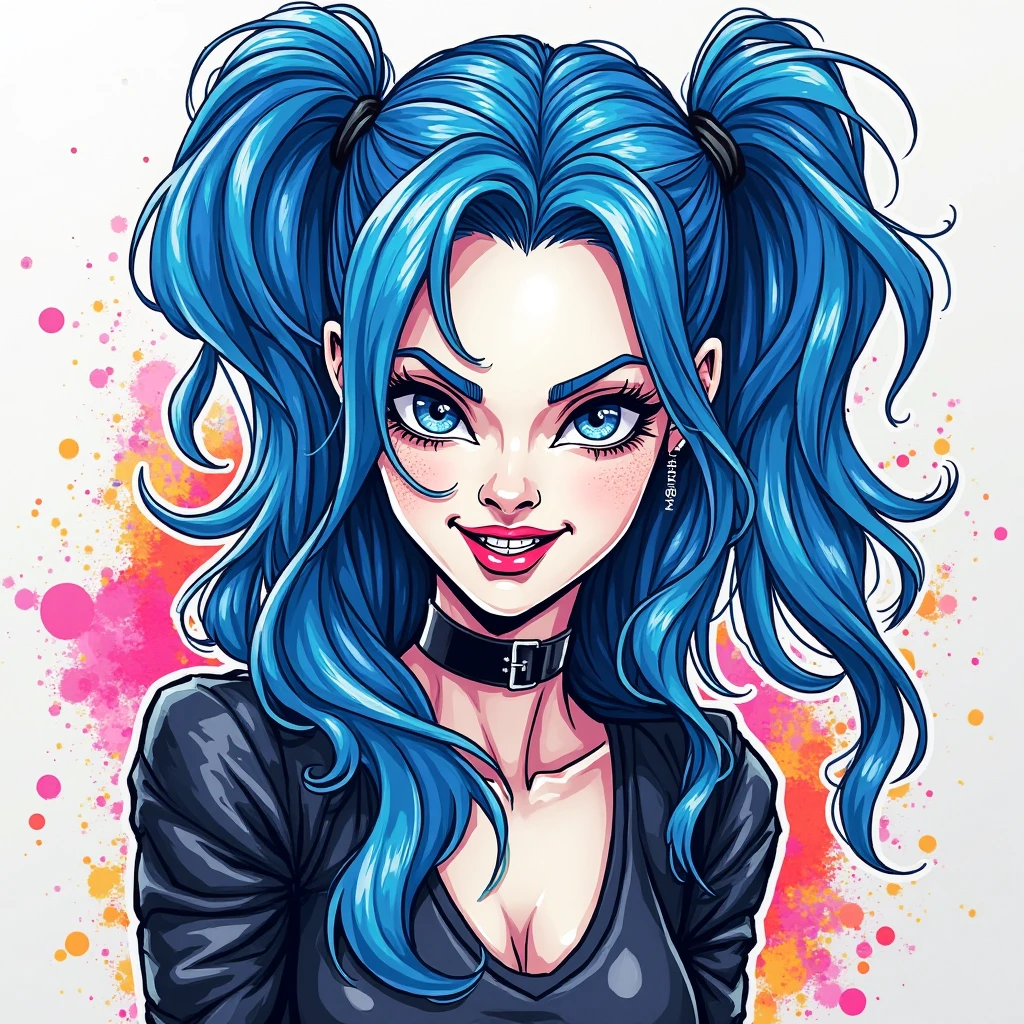 Creating an image of Arcane Jinx in a marker drawing style would be so vibrant and dynamic! Picture her distinctive, chaotic essence brought to life through bold, fluid lines. Her iconic blue hair would be striking, with a playful mix of broad and fine strokes for texture. Her mischievous grin and sharp features could be outlined in dark, smooth marker tones for emphasis. The background might have a graffiti-like feel, with colorful splashes and energetic strokes, echoing her wild personality. You’d get a sense of motion and unpredictability in every mark, fitting for Jinx’s explosive character! 
Solo, Long Hair, 