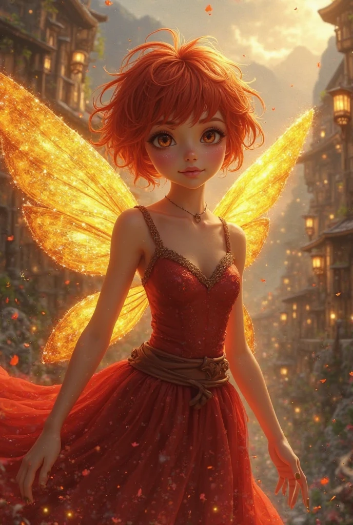 fully body view whimsical cute fairy Tangerine Duskdancer has a vibrant and enchanting presence with her flowing hair in shades of tangerine and deep orange, adorned with tiny glowing orbs and sparkling twilight dew. Her wings are translucent with hues of orange and deep red, resembling the wings of a dragonfly, with intricate patterns that catch the light beautifully. She wears a dress made of soft, tangerine petals and autumn leaves, in hues of orange, red, and brown, giving her an enchanting and dynamic appearance. Her eyes are a deep amber, filled with the mysteries of dusk. Tangerine's skin has a subtle, dusky glow, as if touched by the last light of the day. She carries a staff made of twisted wood and adorned with a glowing topaz, which she uses to summon the energy of dusk and communicate with evening creatures. She is often accompanied by a small, magical bat with iridescent wings, fluttering around her. The background is an autumn forest with the soft, warm light of the setting sun and the first stars appearing in the twilight sky.