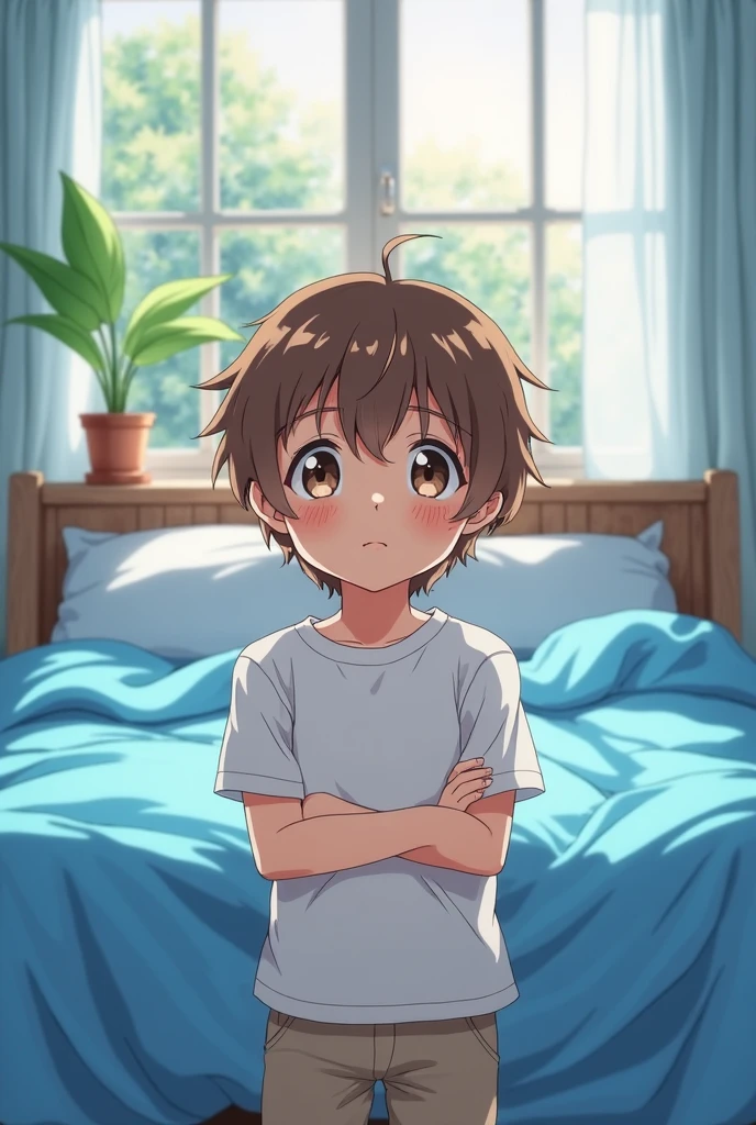 High resolution, masterpiece, The best quality at its best,最high quality,high quality, Height Details, One boy, Brown Hair, Messy Hair, Side bangs, Shota, Sweat, Upper Body, Depth of written boundary, animeScreencapStyle, Fine Lines, View from the front, Sitting in a chair, A cute boy, (Show your armpits:1.3), (Very small、he is short), (Very young), S, Blurred Background　Tank top　Middle School