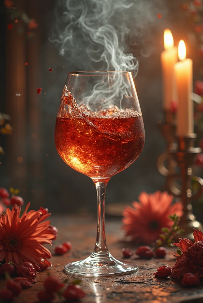 real, dark fantasy, realistic image of a glass of clear red wine, the rising smoke and steam turning into the figure of a woman wearing a gold and silver hijab, fragrant. This scene is set in a cafe where lots of love is scattered around, and the background is splashes of milk