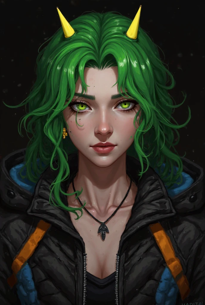 Digital portrait of a young woman with green hair and yellow spikes on her head. she has a serious expression on her face and is wearing a black jacket with orange and blue accents. her hair is styled in loose waves and cascades over her shoulders. she is also wearing a necklace and earrings. the background is dark, making the woman's face and hair stand out. the overall mood of the image is mysterious and edgy text "HADITA"