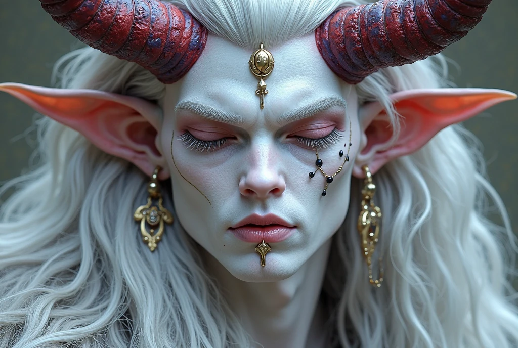 The image depicts a demonic-looking male character with white skin mixed with vibrant white and striking features. your eyes are closed, and his eyelids have long and white eyelashes. He has elongated and pointed ears, adorned with gold and black piercings, in addition to a gold jewel on the lower lip. Two curved horns emerge from his forehead , mixing shades of red and purple. The hair is long, bulky and silver , flowing around his head and shoulders.
