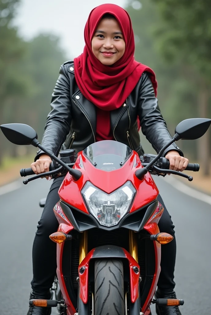 beautiful 20 year old Indonesian woman wearing a hijab wearing a shiny black jacket trousers cool shoes riding a red 4 stroke Kawasaki ninja motorbike on an asphalt road with a cool background