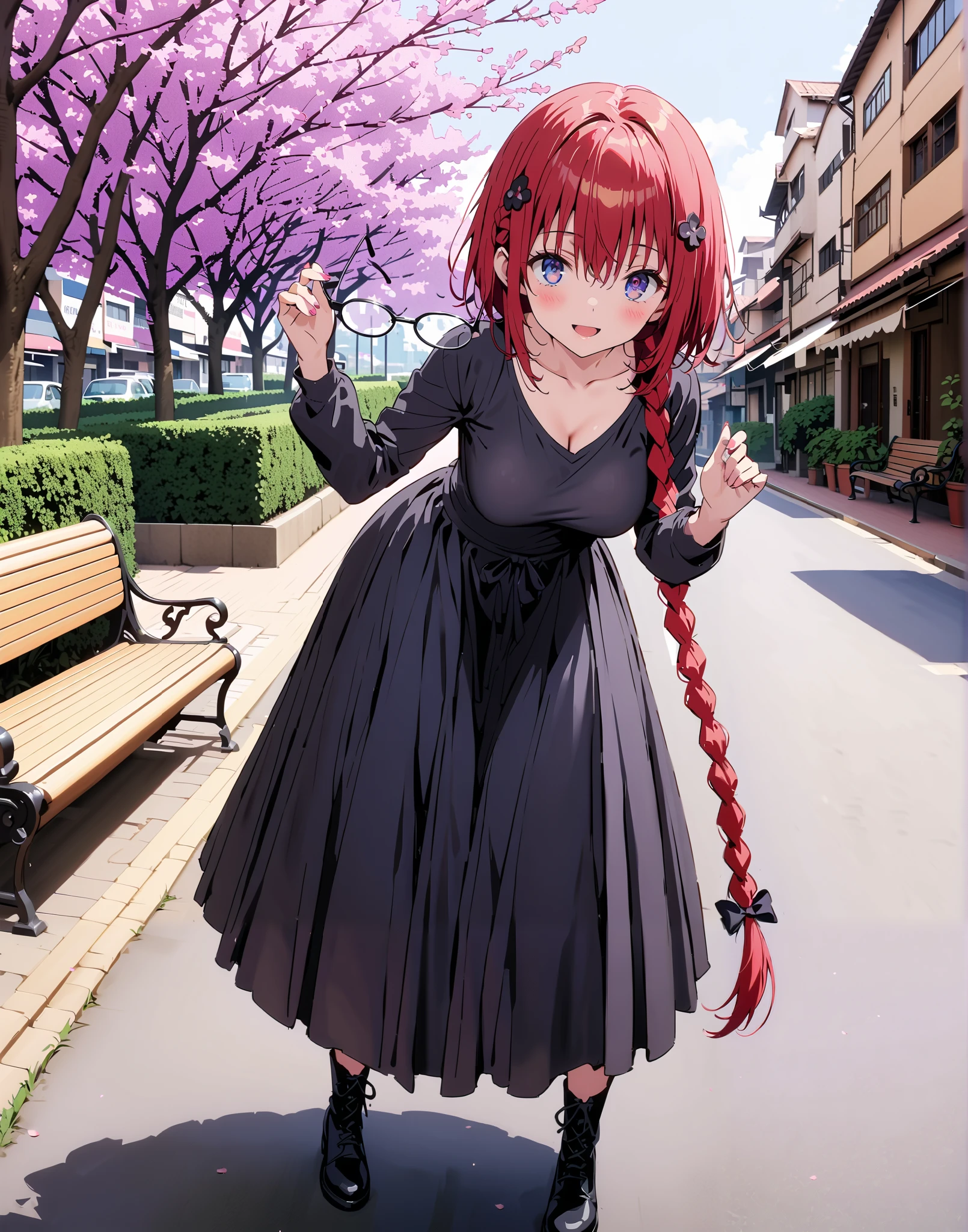 Kurosaki's thing , Alone,stupid hair, Blue Eyes, knitting glasses, hair intake, sngle braid,HAIR ACCESSORY, red hair, hair knitting glasses, smile,blush,open your mouth,Medium breast, oversized v neck sweater long sleeve,long skirt,short boots, bench,Beautiful cityscape,cherry blossoms,standing,full bodyがイラストに入るように,
break outdoors,garden,
break looking at viewer,full body,
break (masterpiece:1.2),Best Quality , kampala, Unity 8K Wallpaper ,(shape:0.8),( fine, beautiful eyes :1.6),It's a person ,full body写真,CG Details , (perfect hands, complete anatomy),